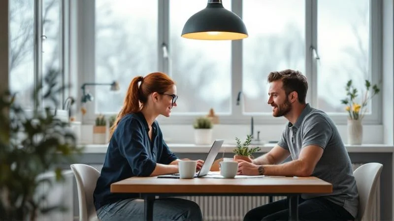 Zwei Berufstätige besprechen Weiterbildungsoptionen am Laptop in Bremen