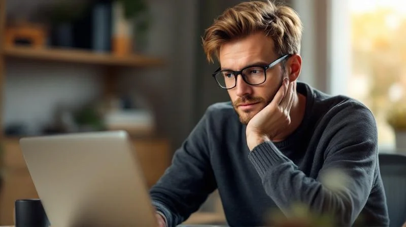 Mann recherchiert Fördermöglichkeiten am Laptop in einem Bremer Homeoffice
