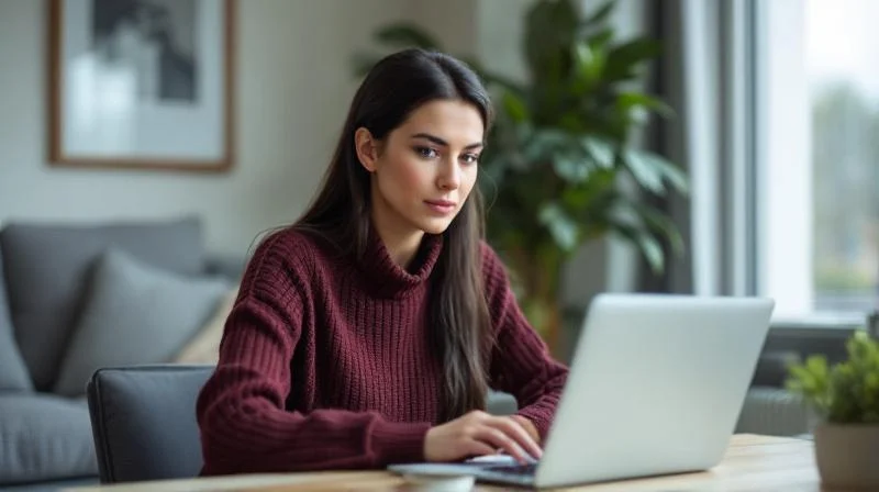 Frau arbeitet konzentriert am Laptop in einem Büro mit Blick auf die Bremer Innenstadt