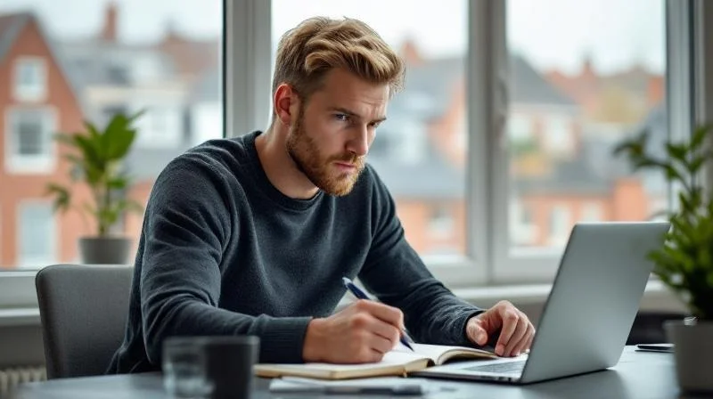 Mann lernt am Schreibtisch für den Wirtschaftsfachwirt mit Blick aus dem Fenster